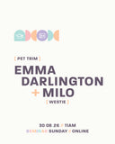 A digital seminar invitation card for 'Pet Trim' featuring the names 'Emma Darlington + Milo' and 'Westie' in dark purple text, with pastel-colored icons and text on a light cream background.