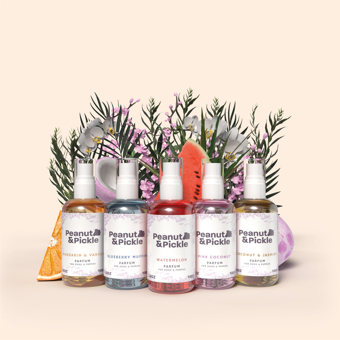 mandarin and vanilla, blueberry muffin, watermelon, pink coconut and coconut and jasmine parfum for dogs and puppies. Vegan and cruelty free,